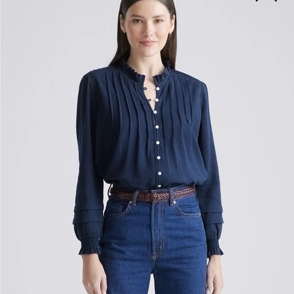 Quince Navy Textured Cotton Peasant Blouse